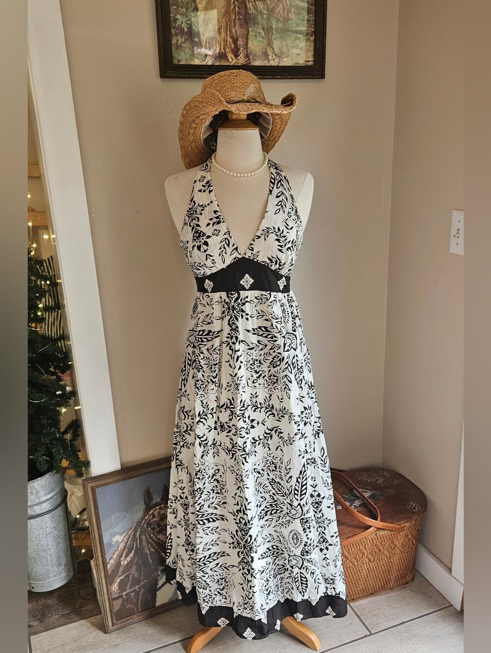 Black & White Floral Halter Maxi Dress with Waistband